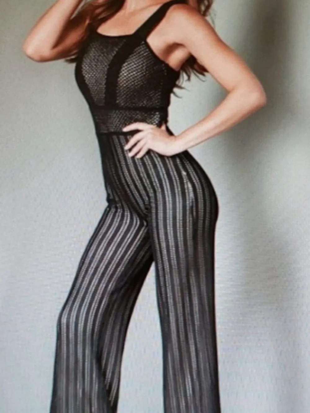 Venus Black Wide-Leg Knit Jumpsuit with Nude Lining
